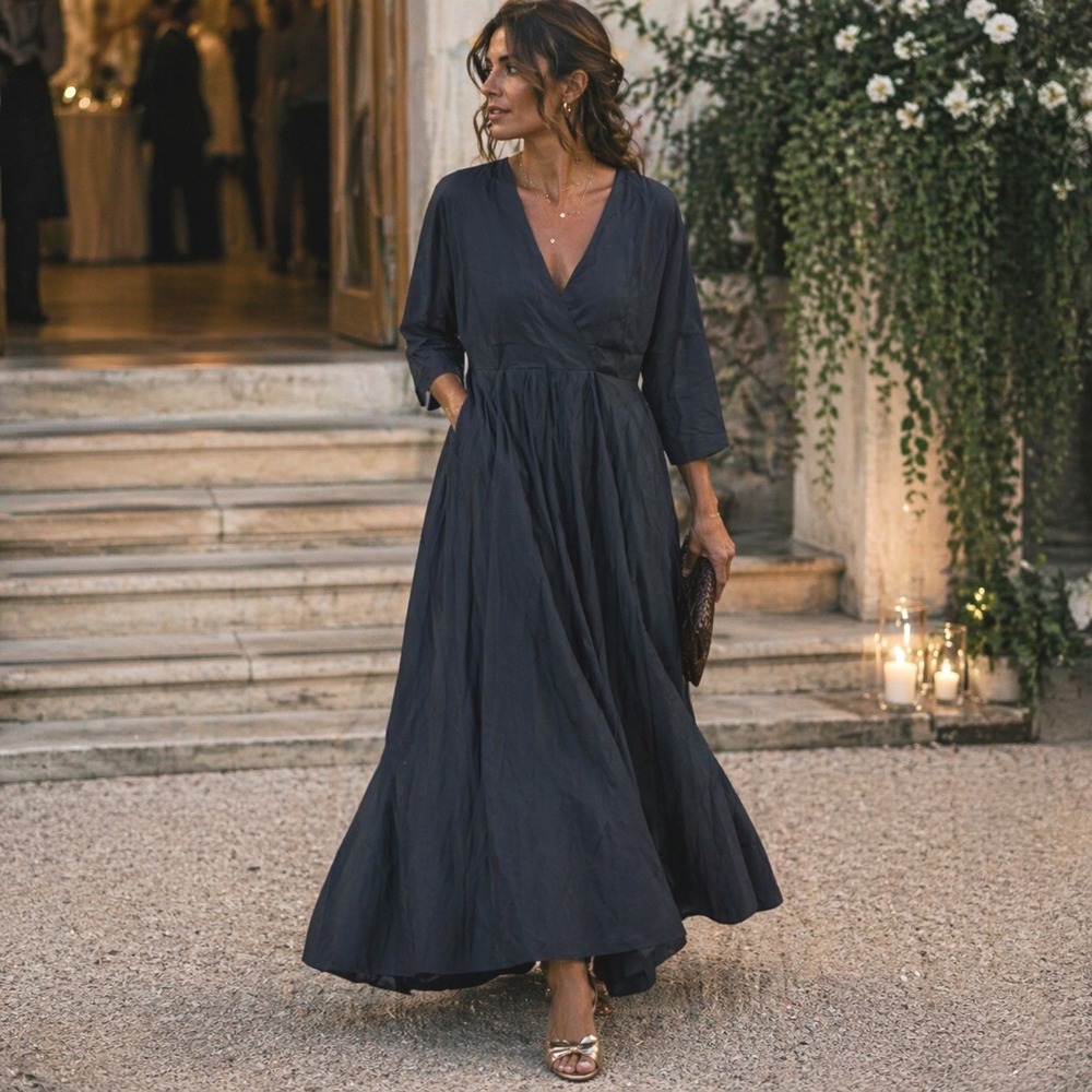 St Agni Black Poplin Kimono Sleeve Dress V-Neck Midi Maxi Womens Size M Designer